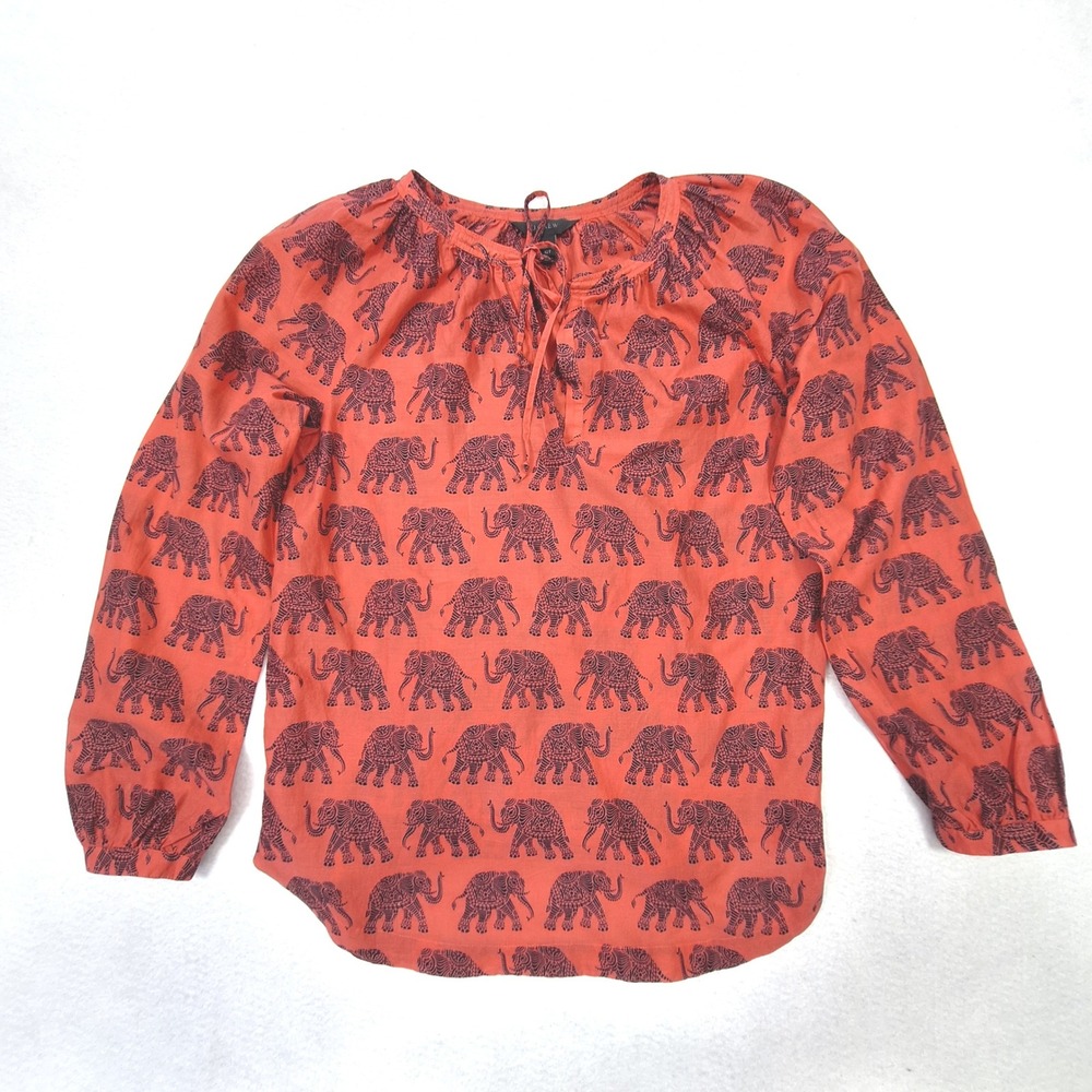 J.Crew Blouse Womens 10T Orange Elephant Print Tie Neck Peasant Top Boho